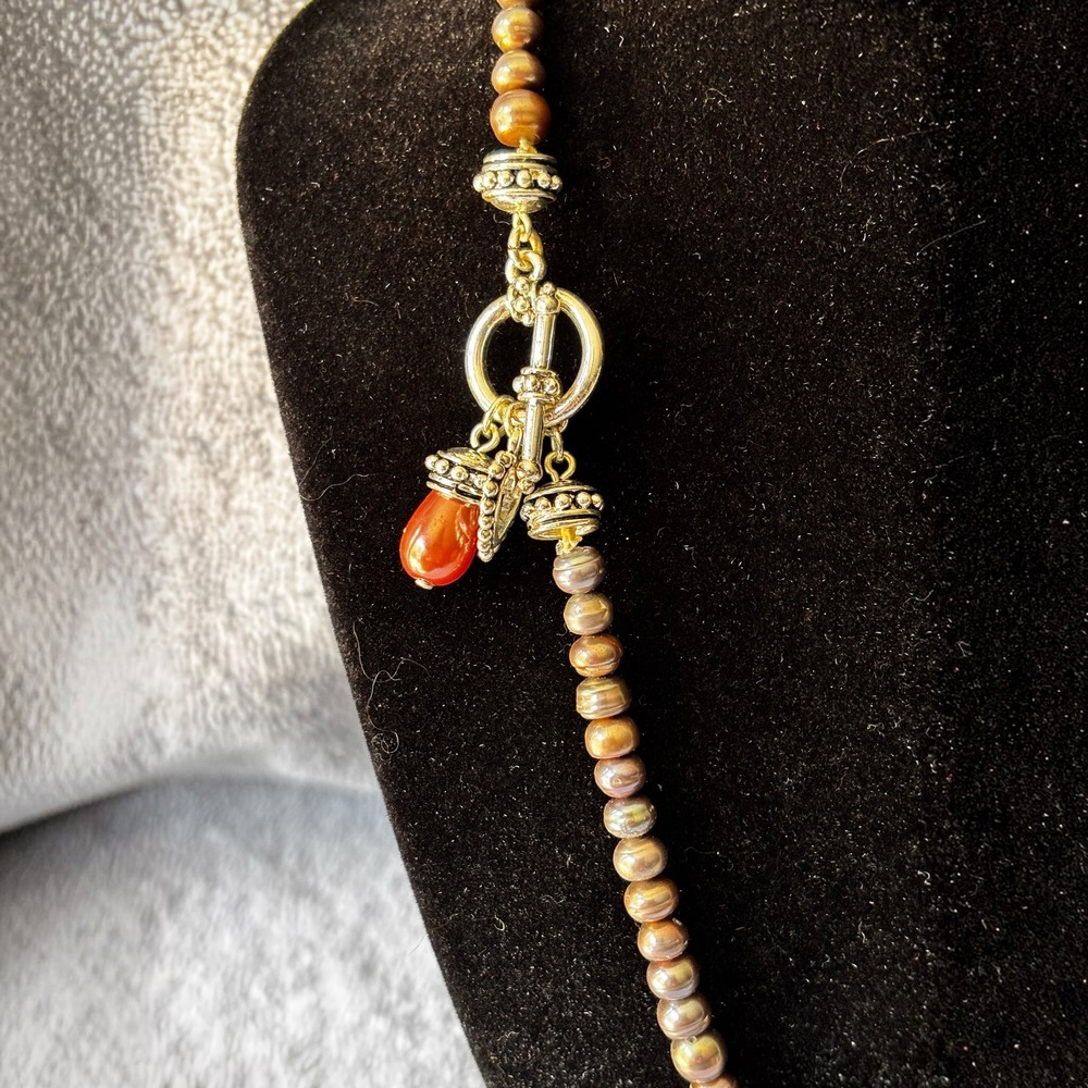 Bronze Silver Pearl Necklace 18 Inch Toggle Clasp Carnelian Charm - Picture 3 of 3